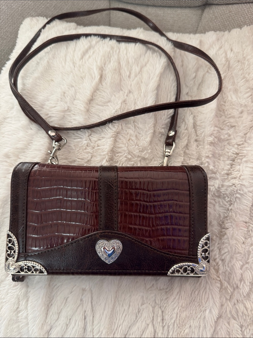 Women’s Brown Croc-Embossed Crossbody Bag with Heart Accent